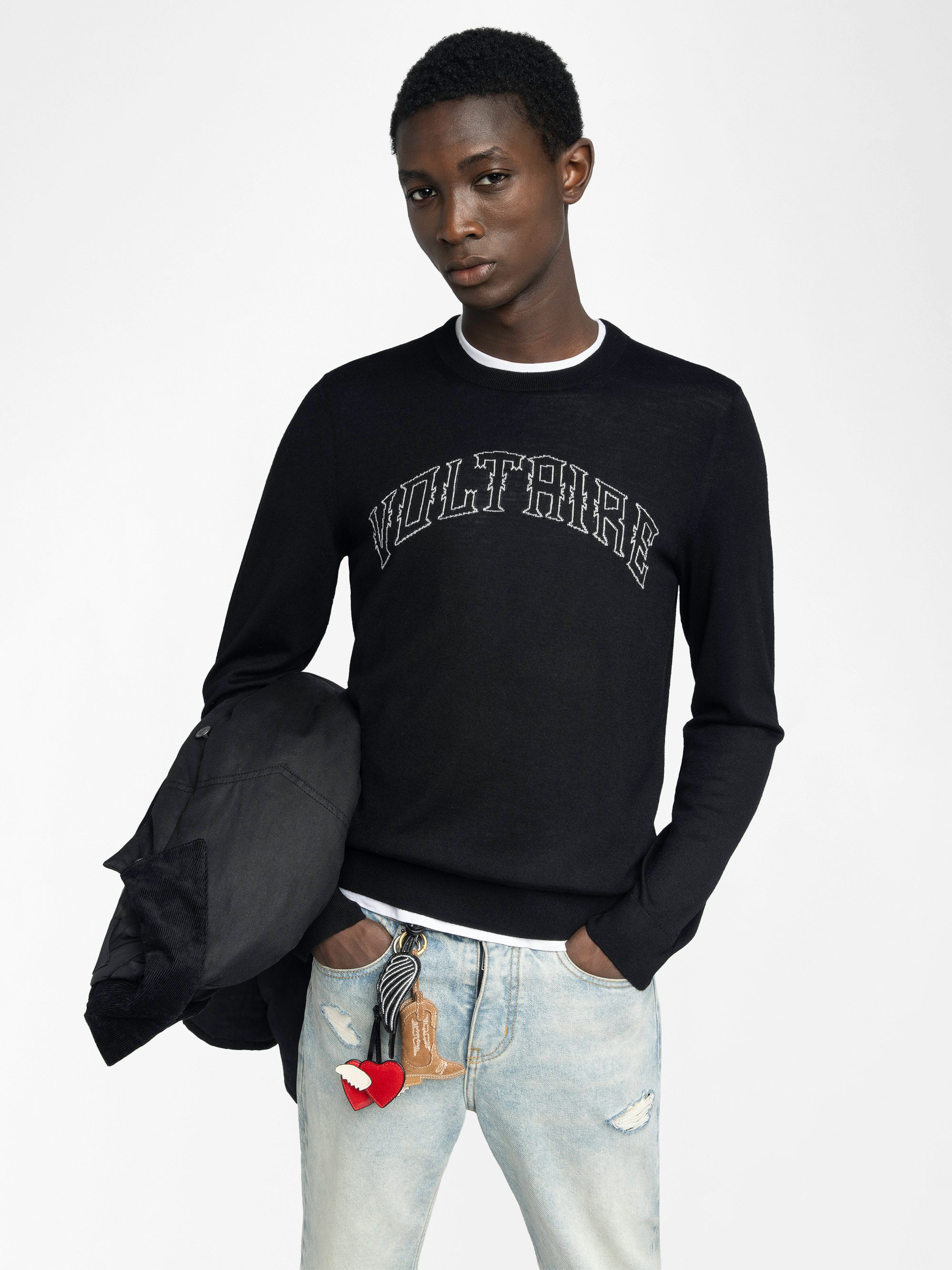 Kennedy Jumper 100% Merino Wool - Round neck jumper with Voltaire writing on the front.